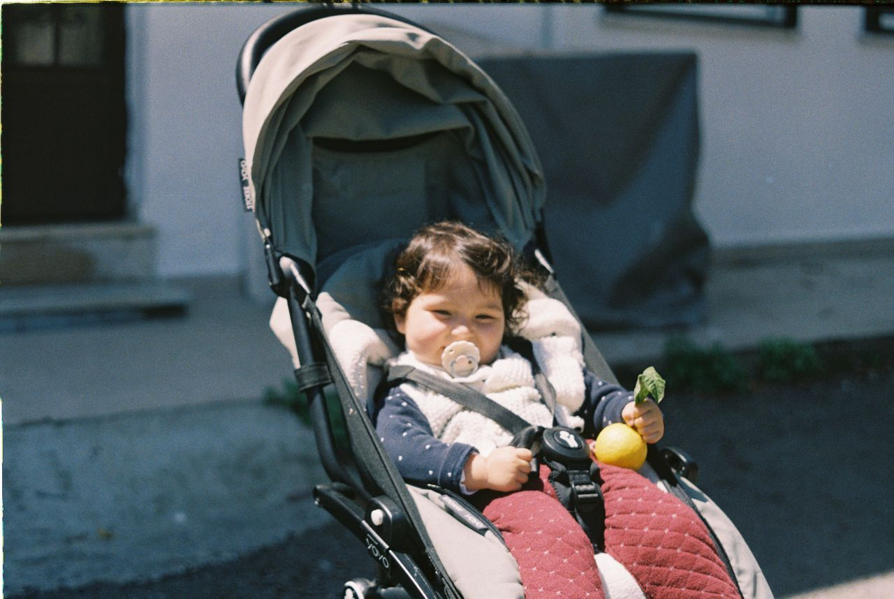 Adorable baby sitting in a stroller with a toy, enjoying a sunny day outdoors.