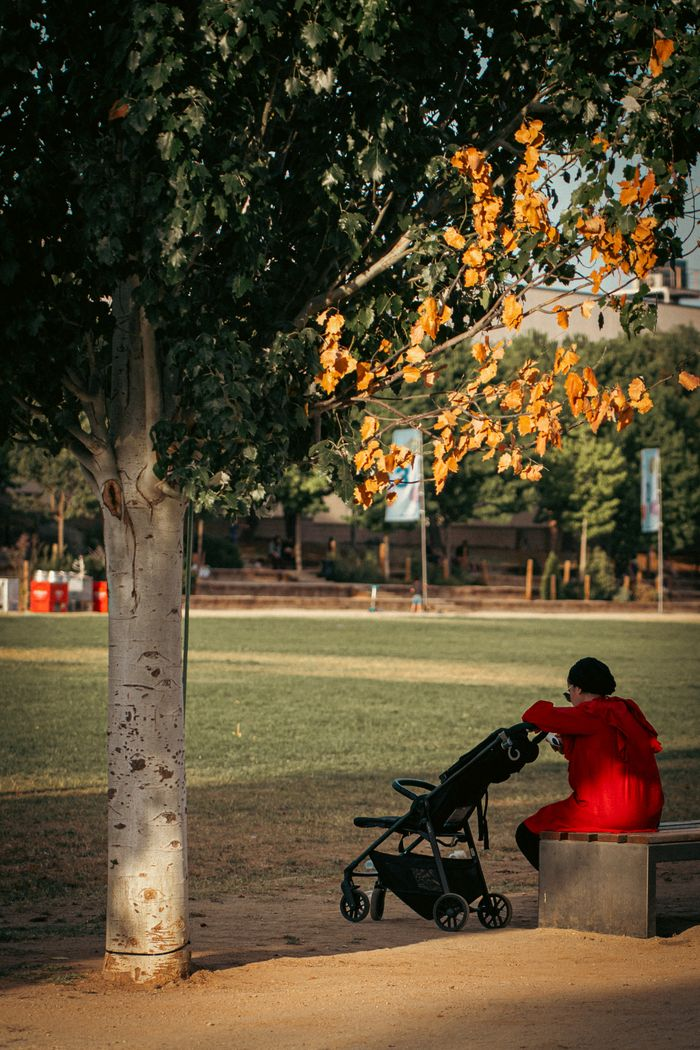A person in red relaxes by a stroller under a tree in a sunny park in Igualada, Spain.